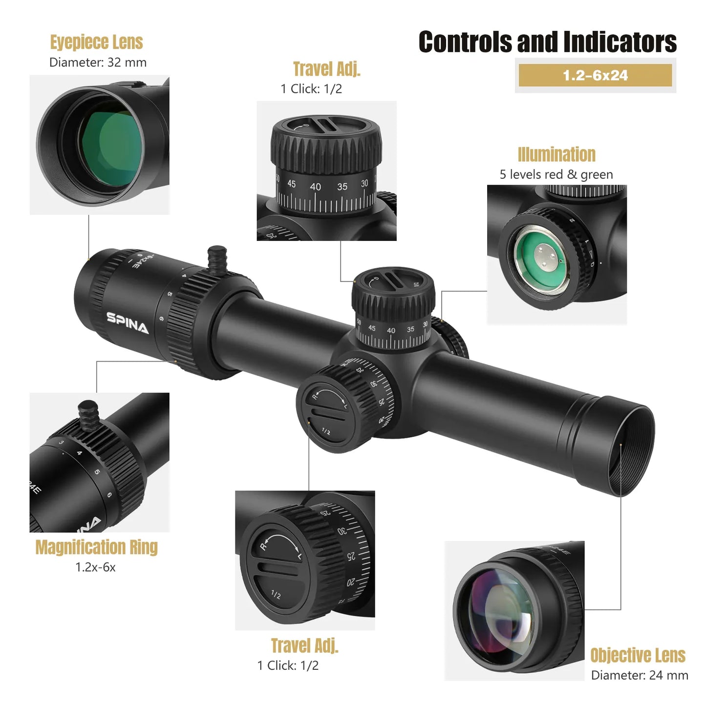 Spina Optics 1.2–6x24 FFP LPVO + Siktesringar