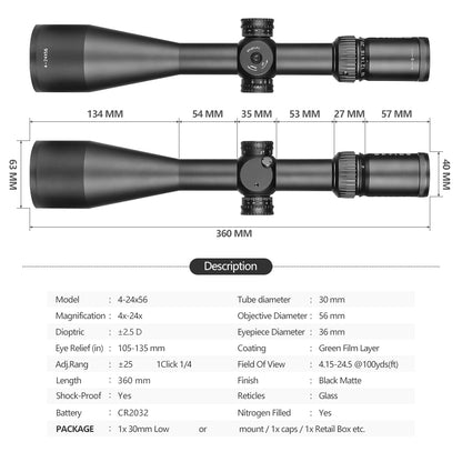 Spina Optics 4-24x56 Kikarsikte + Siktesringar