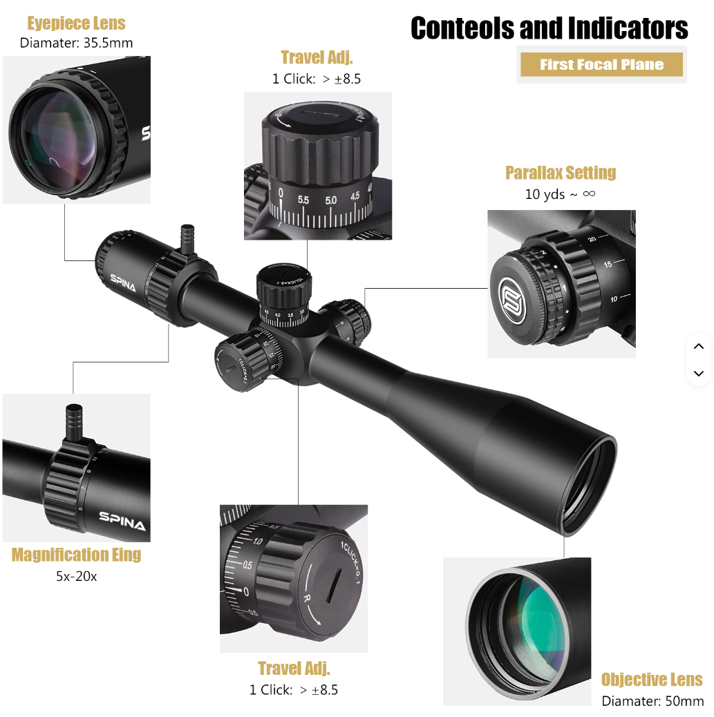 Spina Optics Kikarsikte 5-20x50 FFP + Siktesringar