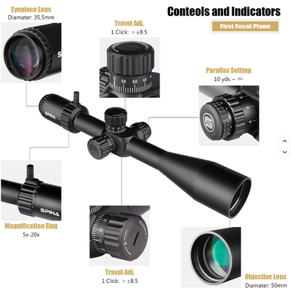 Spina Optics Kikarsikte 5-20x50 FFP + Siktesringar