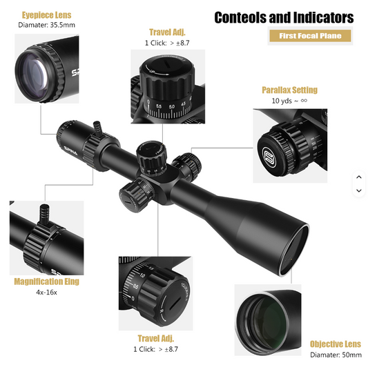 Spina Optics 4-16x50 FFP + Siktesringar